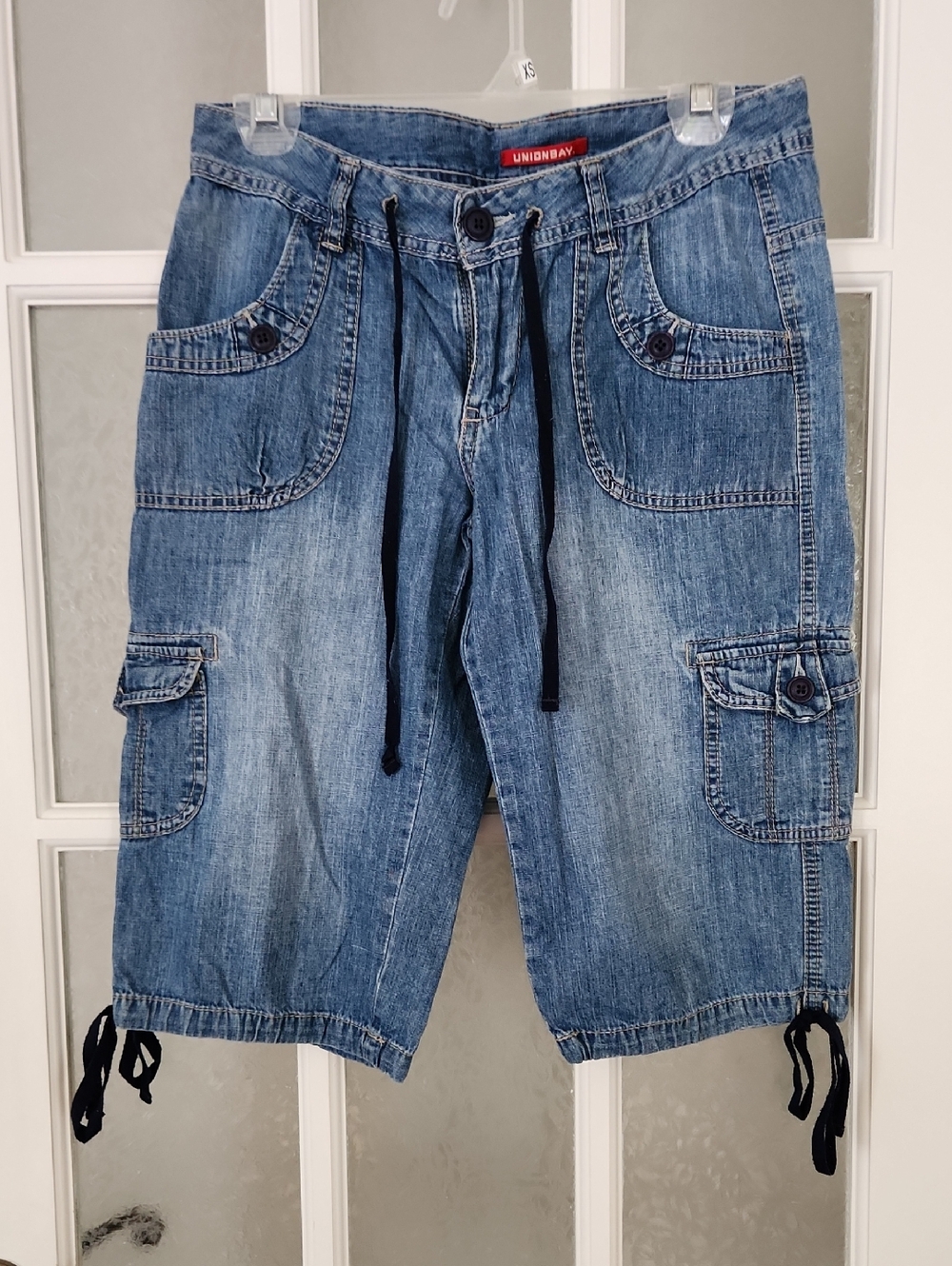 Y2K***UNIONBAY Light Blue Denim Cargo Shorts-Capri with Drawstring